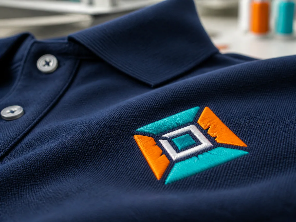 Logotipo bordado sobre una playera polo azul marino